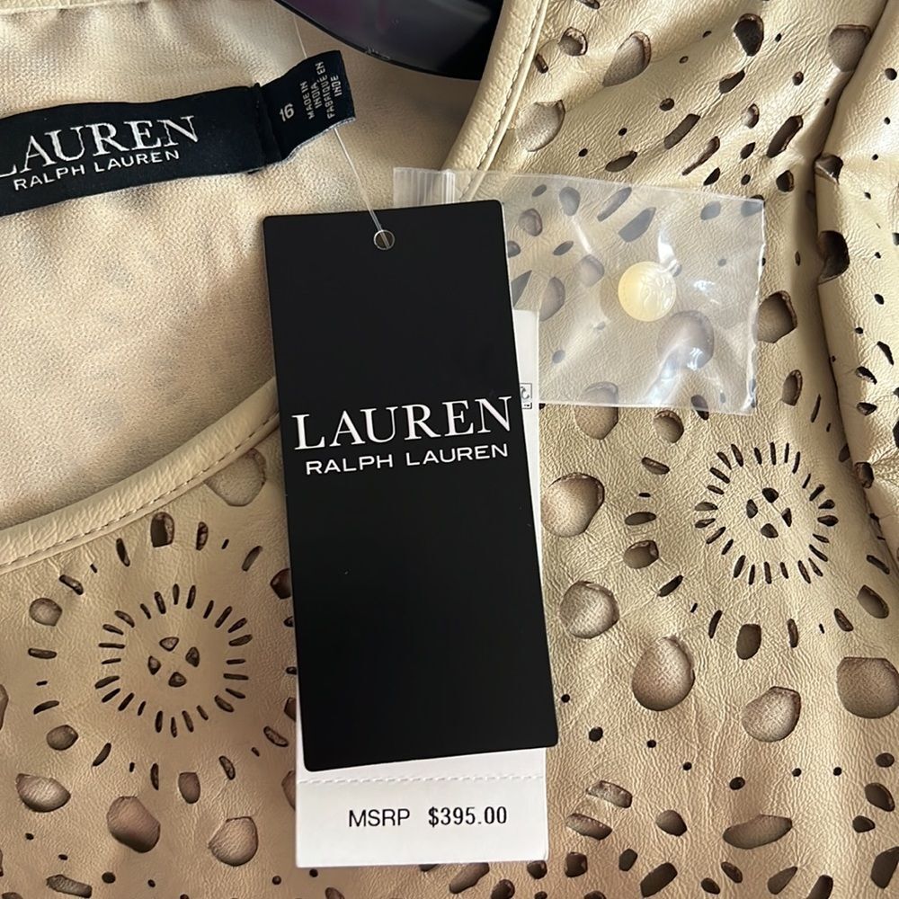 L.Ralph Lauren 100% Lambskin Leather Laser Cut Peplum Top, NWT, Size 16 - Picture 13 of 13